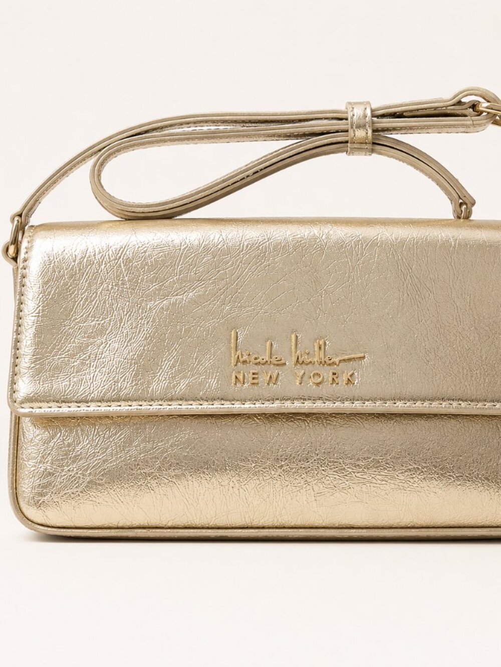 NWT Nicole Miller Metallic Gold Vegan Leather Crossbody Shoulder Bag